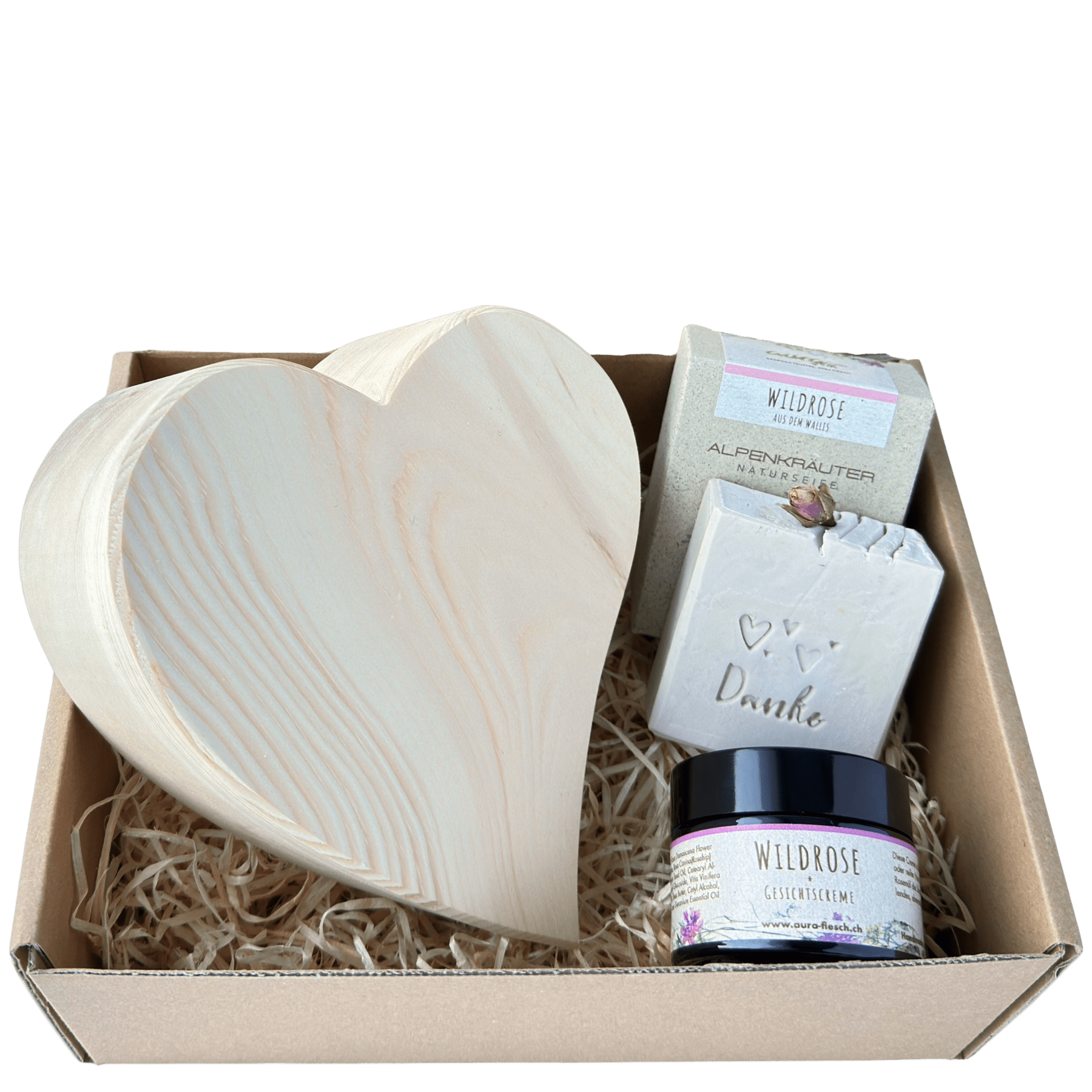 Coffret cadeau Amour des Alpes liebe-danke-geschenkset-ohne-deckel-arvenherz-wildrosencreme-rosenseife